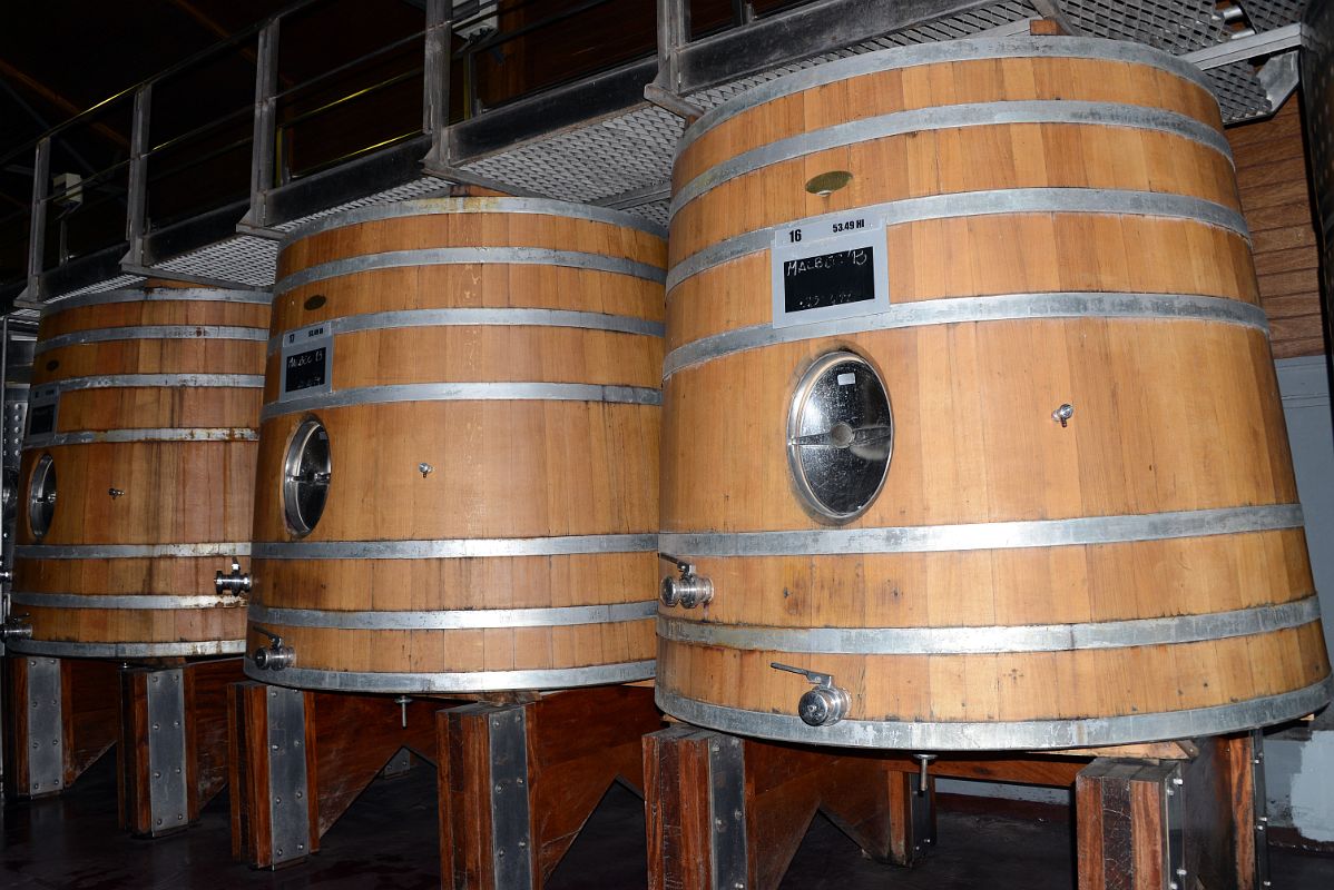 07-10 Three Large Wooden Wine Barrels On Our Wine Tour At Pulenta Estate Lujan de Cuyo Tour Near Mendoza